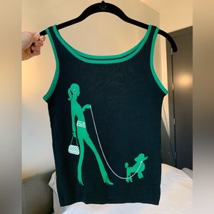 NWOT black tank top w/ green accents &  silver hardware (lady walking a dog)